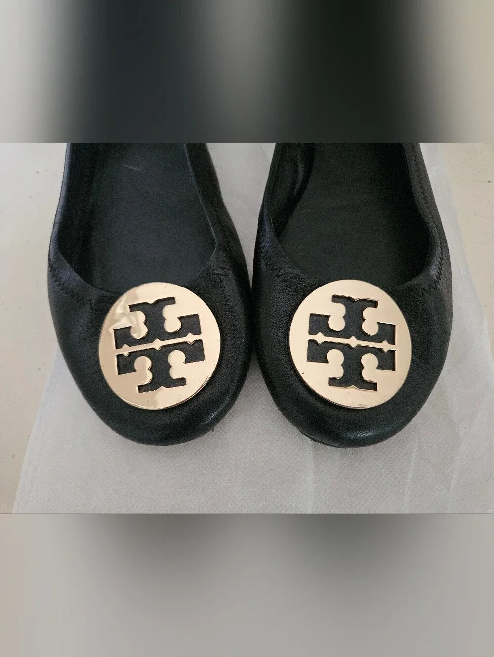 Tory Burch Black Reva Ballet Flats with Gold Logo
